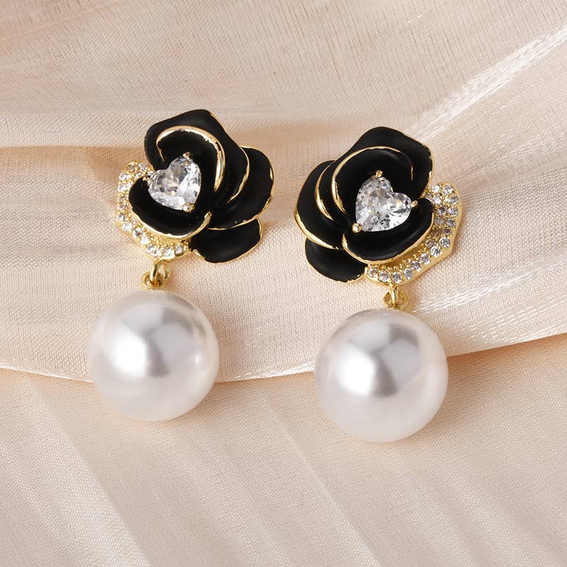 Delicate Rose Pearl Drop Earrings EUR433: White PEACH ACCESSORIES