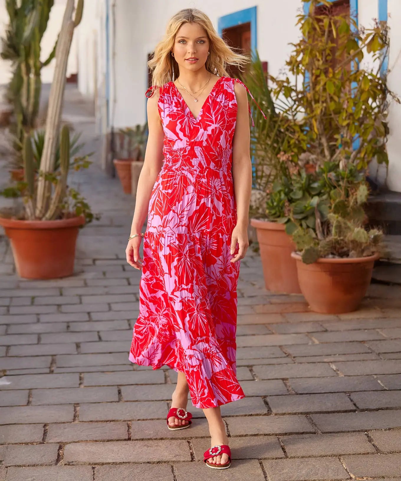 Collette Tie Shoulder Cotton Maxi Dress: Red The Style Closet