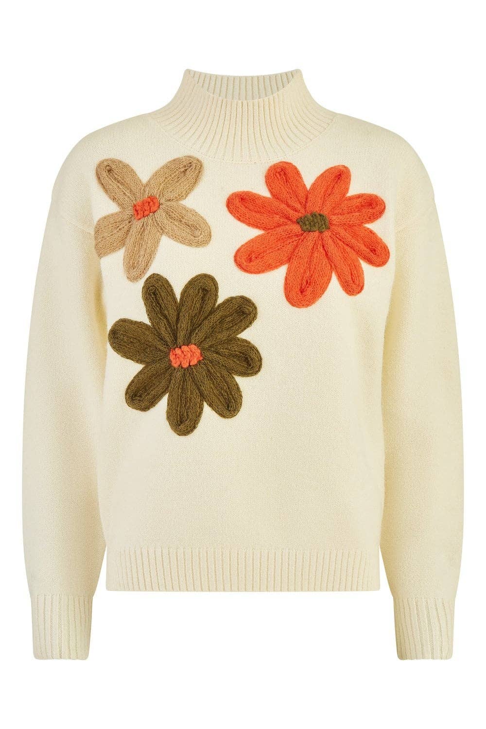 Yumi Ivory Knitted High Neck Jumper With Appliqué Flowers: - The Style Closet