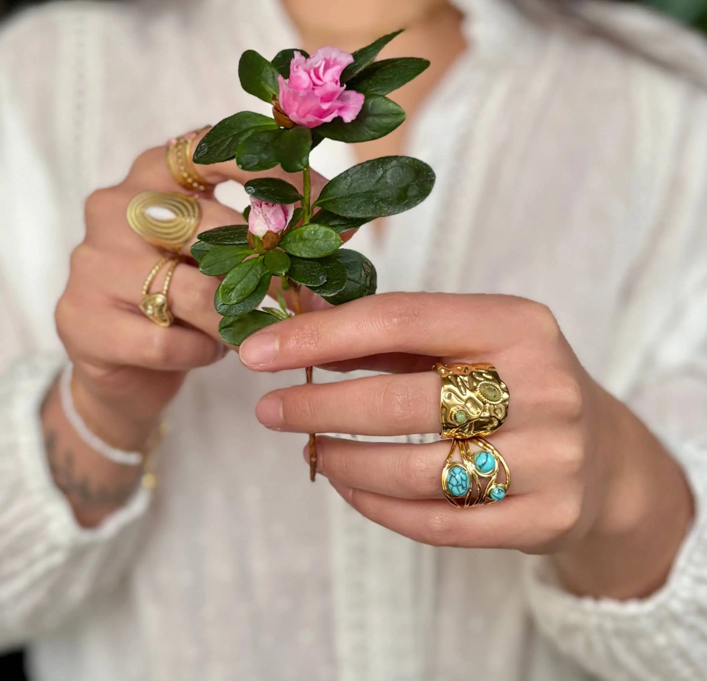18ct Gold Plated Turquoise Multi Band Adjustable Ring The Style Closet