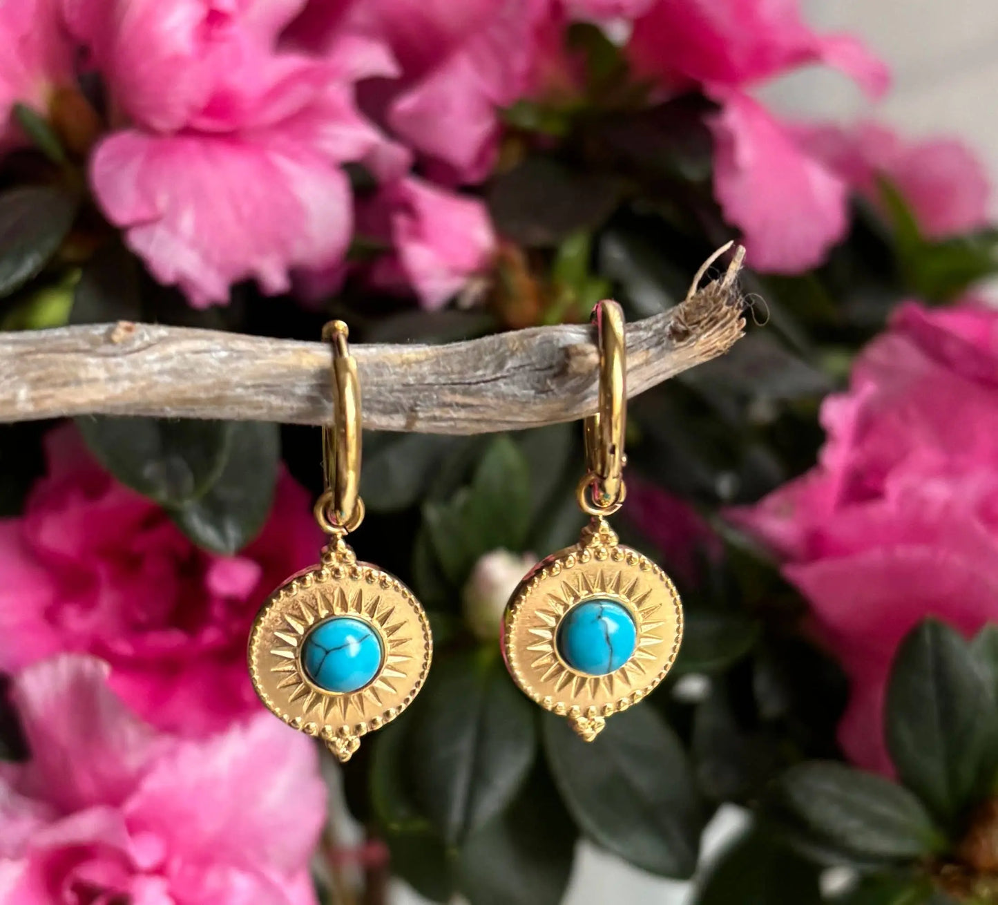 18ct Gold Plated Turquoise Circle Drop Huggie Earrings The Style Closet