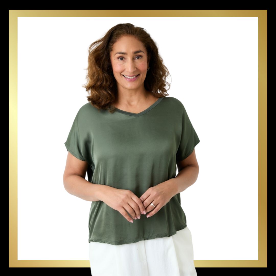 Satin Front V Neck T-Shirt