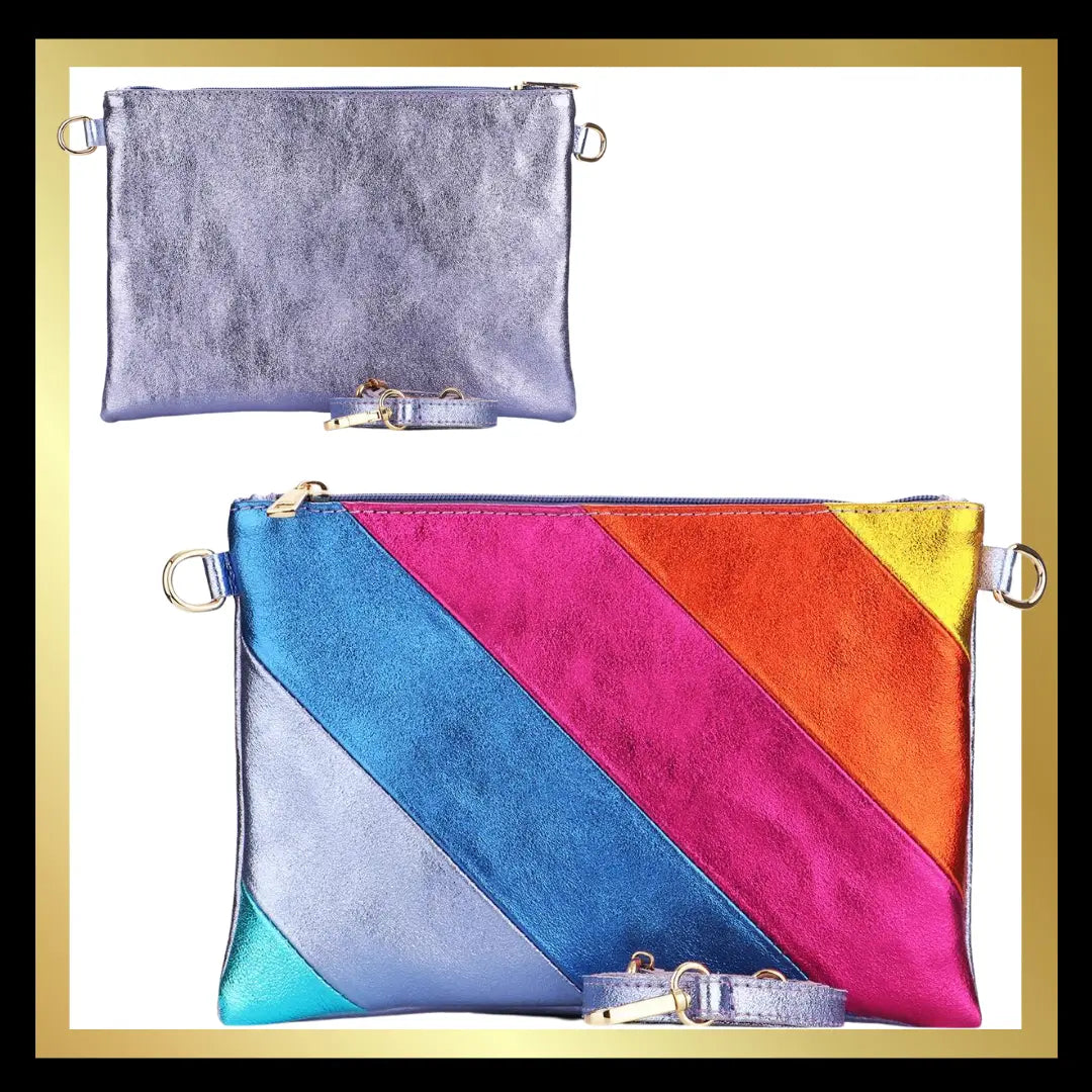 Italian Leather Striped Clutch Bag with Crossbody Strap/wristlet in Multi coloured Rainbow The Style Closet