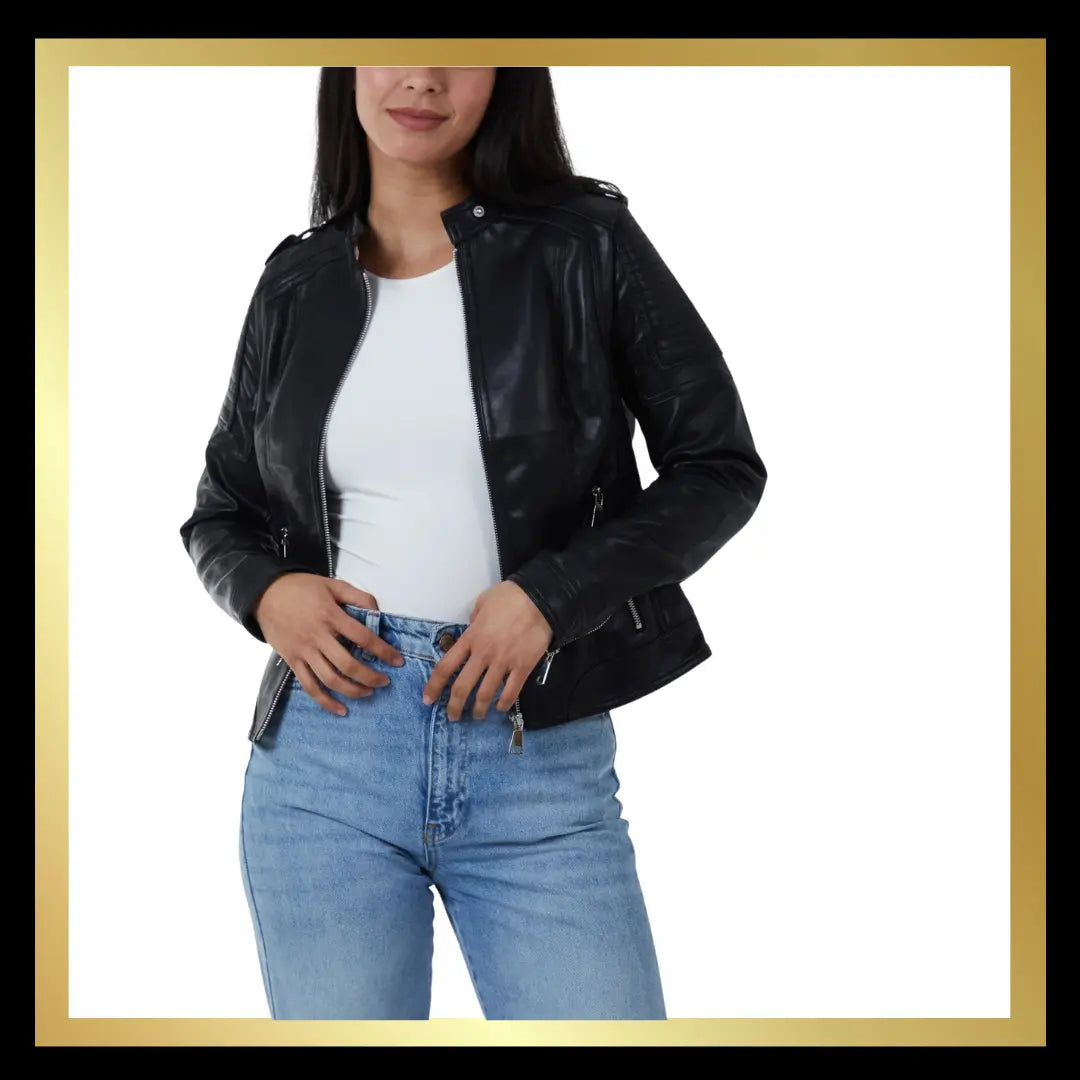Womens black faux 2025 leather biker jacket