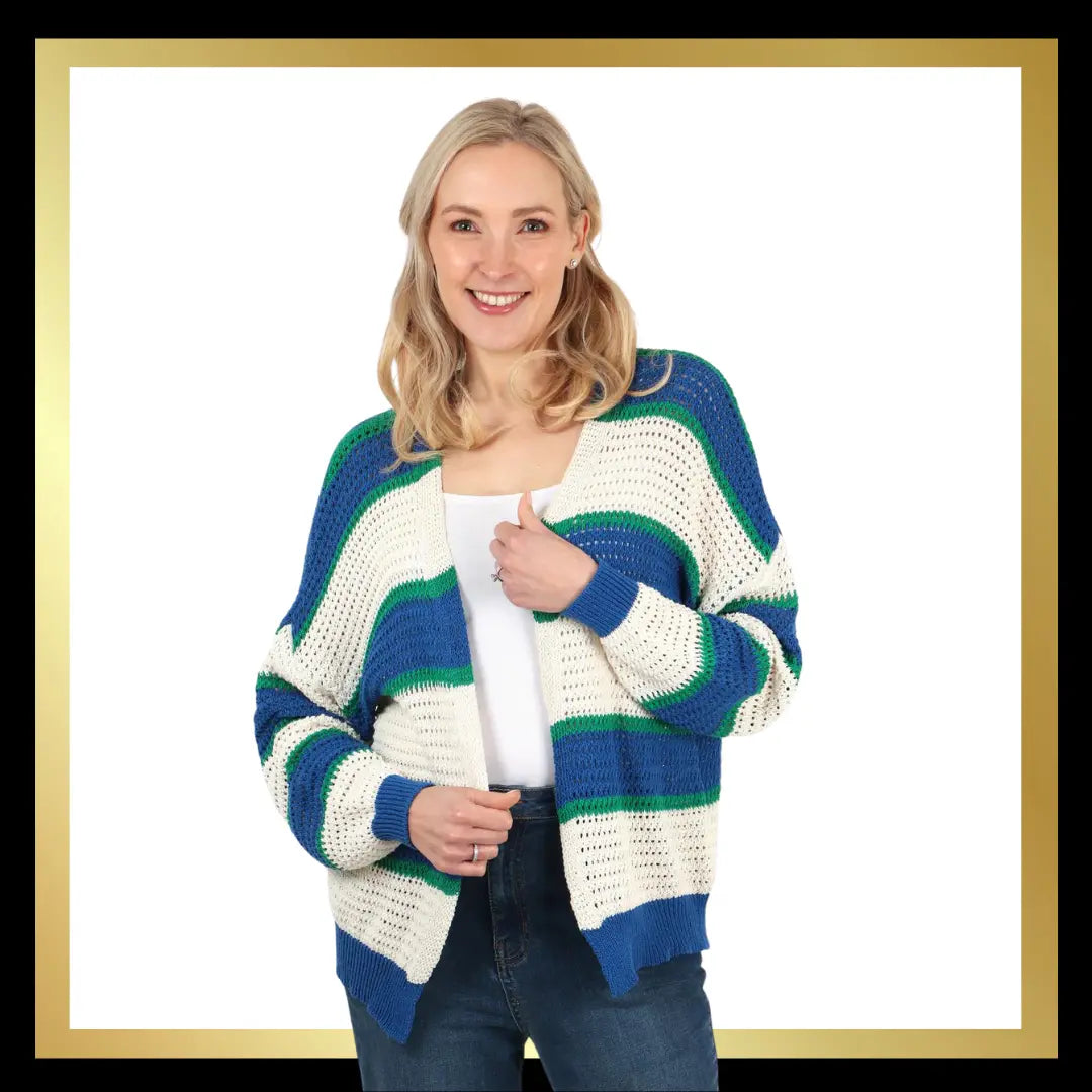 Cream, Blue and Green Striped Cardigan The Style Closet