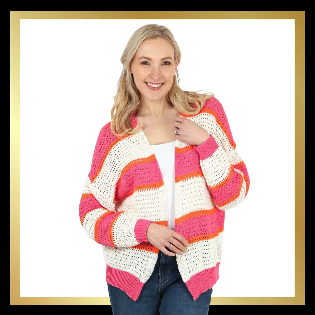 Cream, Pink and Orange Striped Cardigan The Style Closet