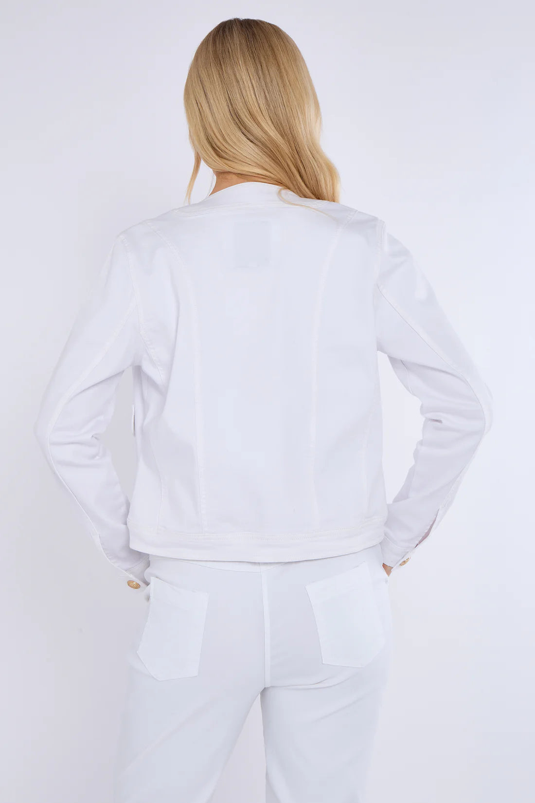 White Collarless Stretch Denim Jacket