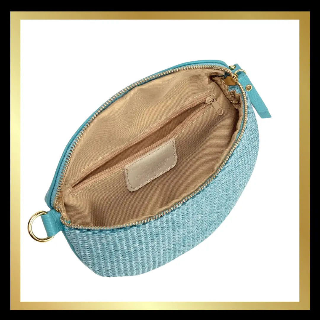 Elie Beamont Raffia Sling Bag in Aqua The Style Closet