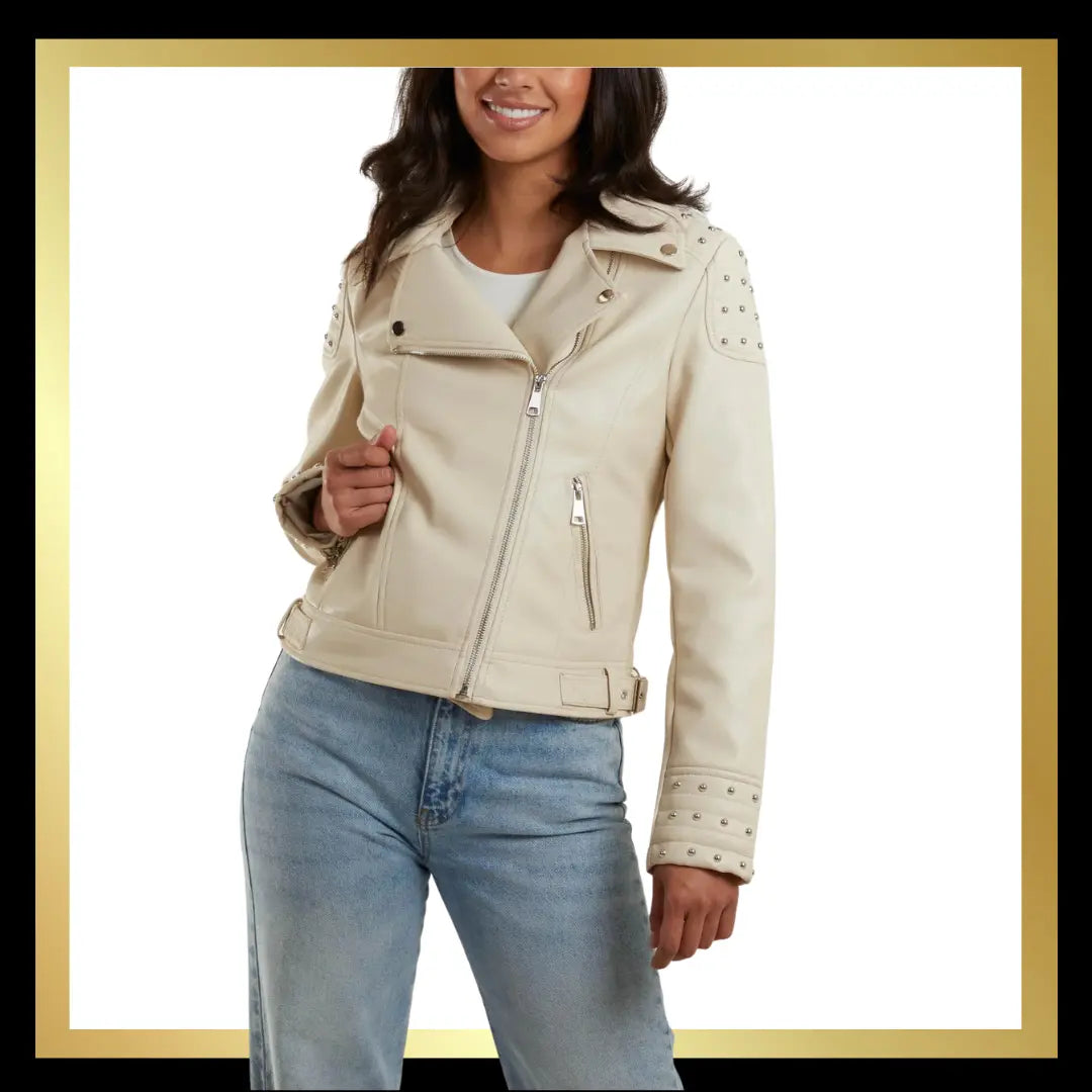 Studded Faux Leather Biker Jacket in Stone The Style Closet