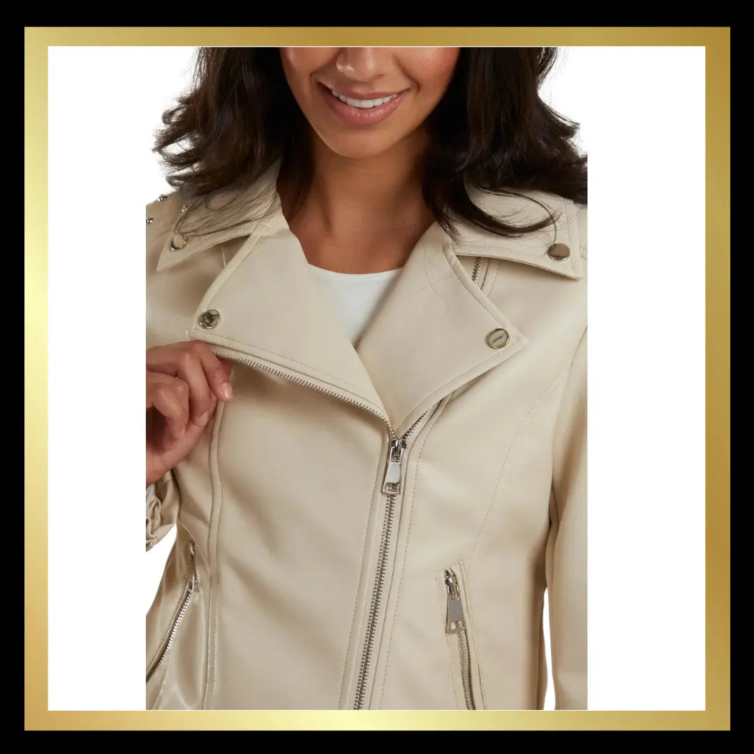 Studded Faux Leather Biker Jacket in Stone The Style Closet