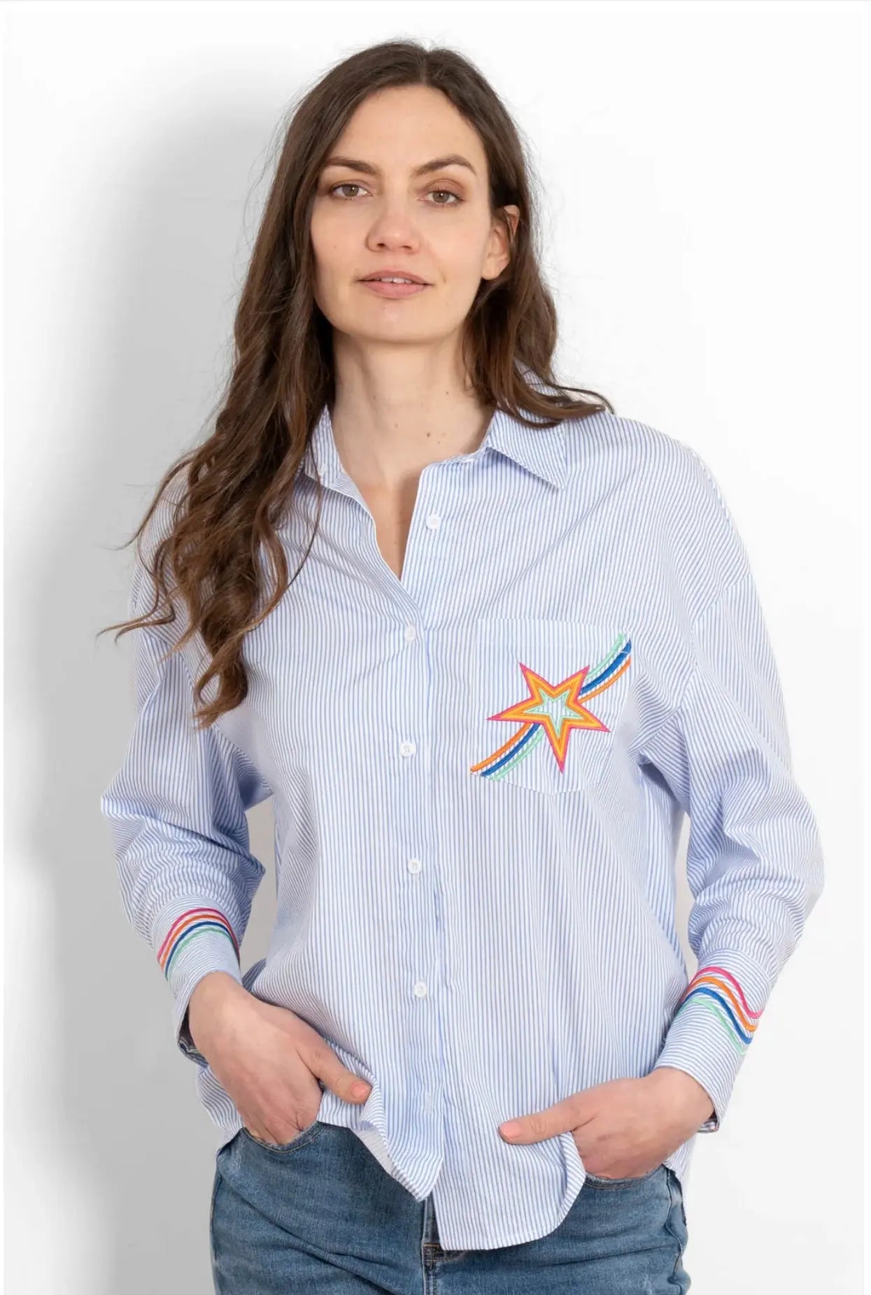 Long Sleeve Cotton Shirt - Blue/White, Star Embroidered The Style Closet