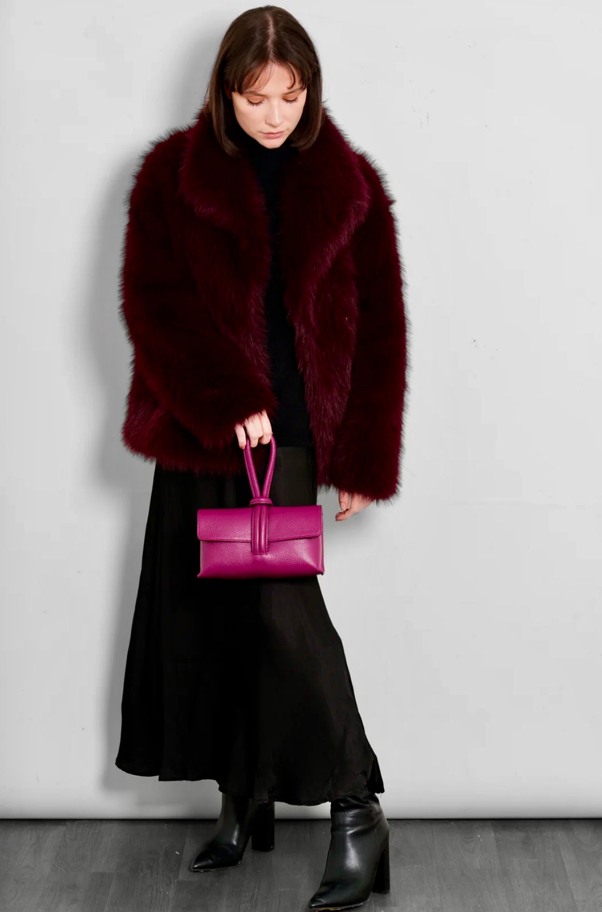Shawl Collar Jacket- Black or Berry Faux Fur
