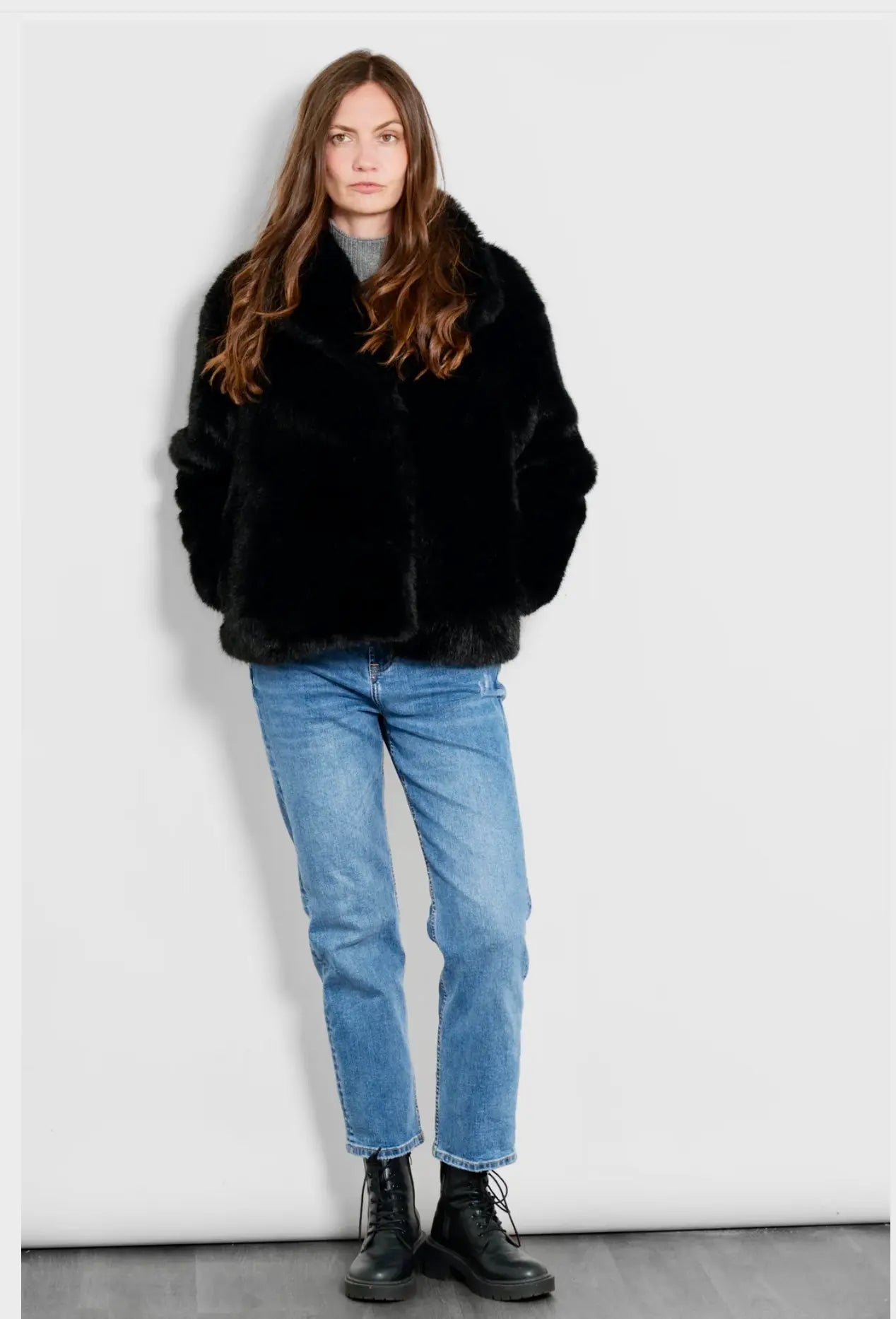 Shawl Collar Jacket- Black, Faux Fur The Style Closet