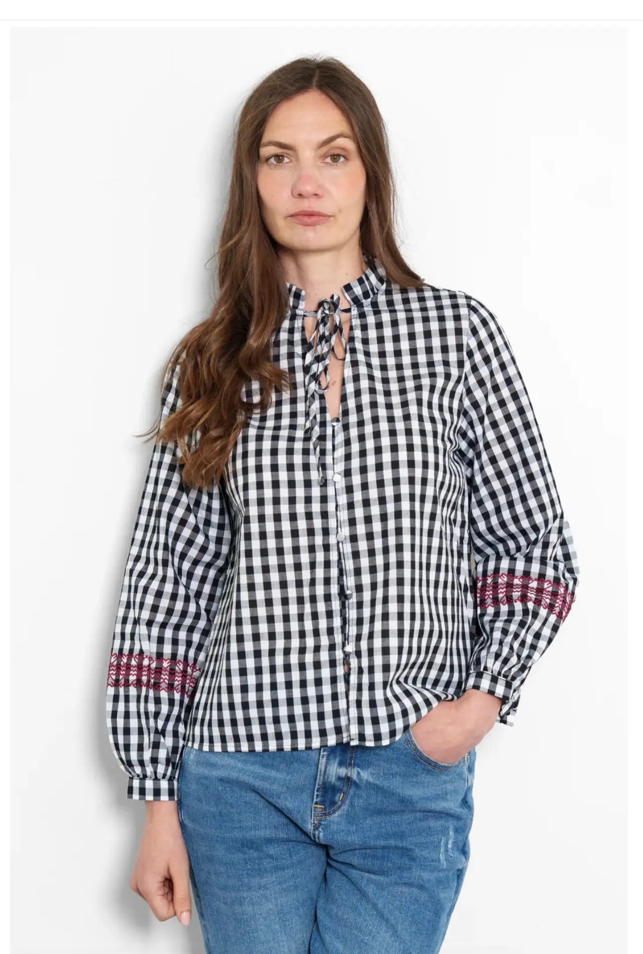 Embroidered Cotton Shirt - Black/White, Gingham The Style Closet