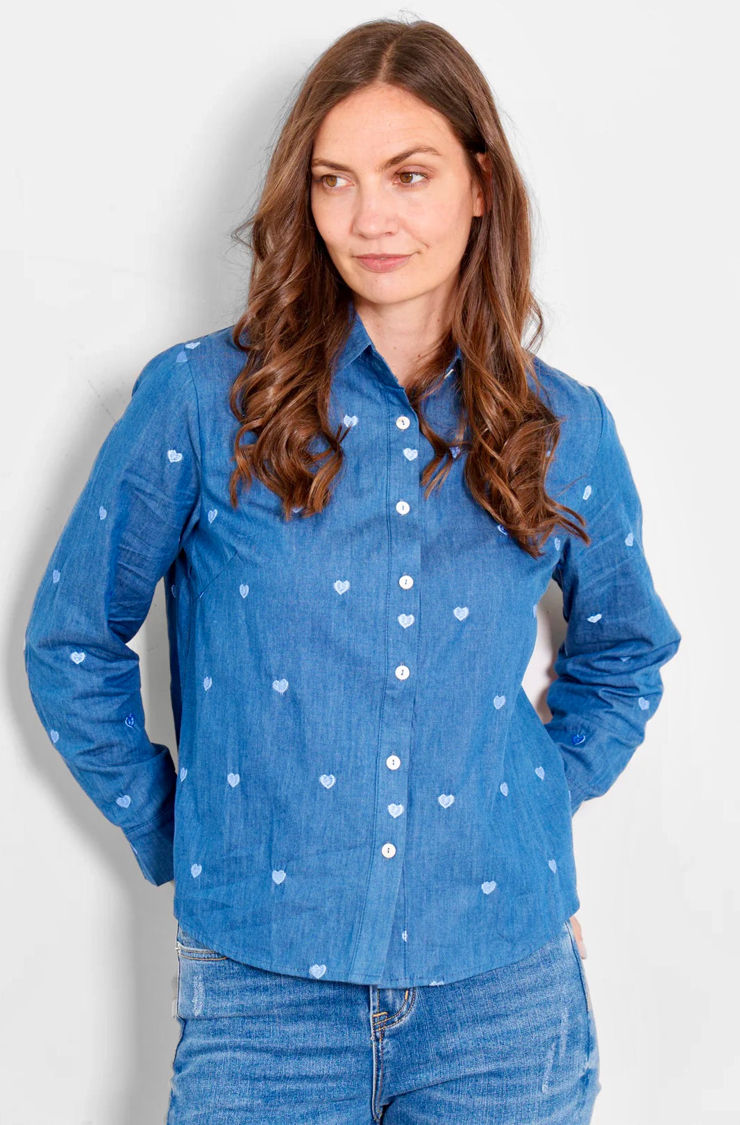 Long Sleeve Cotton Shirt - Denim Blue, Hearts