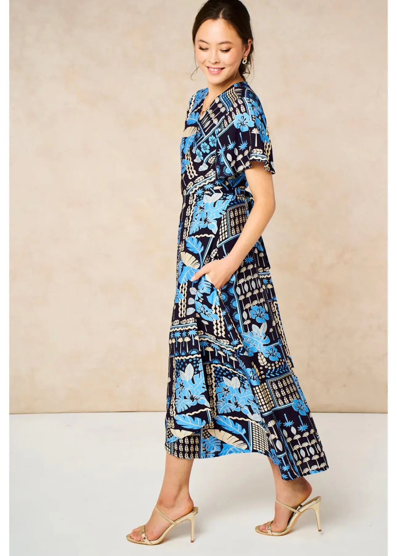 Tile Print Midaxi Wrap Dress in Navy Blue The Style Closet