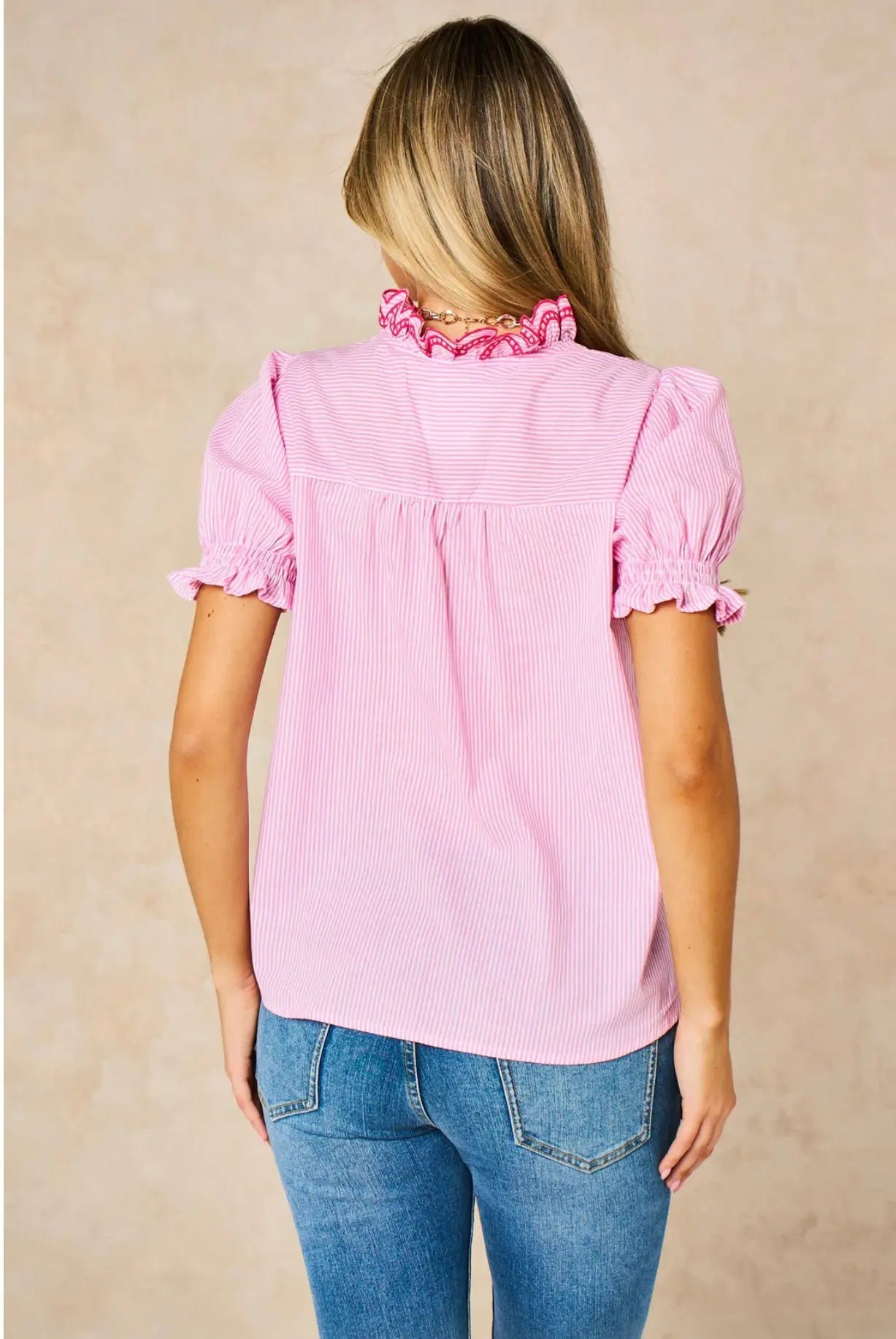 Candy Stripe Short Sleeve Cotton Shirt in Pink The Style Closet