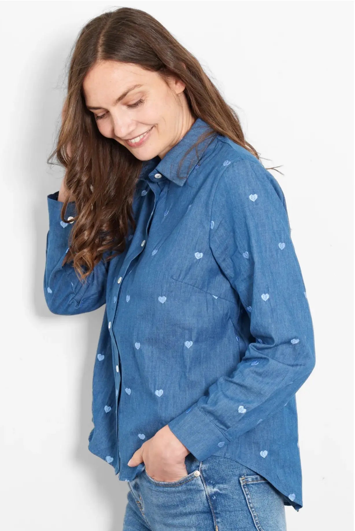 Long Sleeve Cotton Shirt - Denim Blue, Hearts The Style Closet