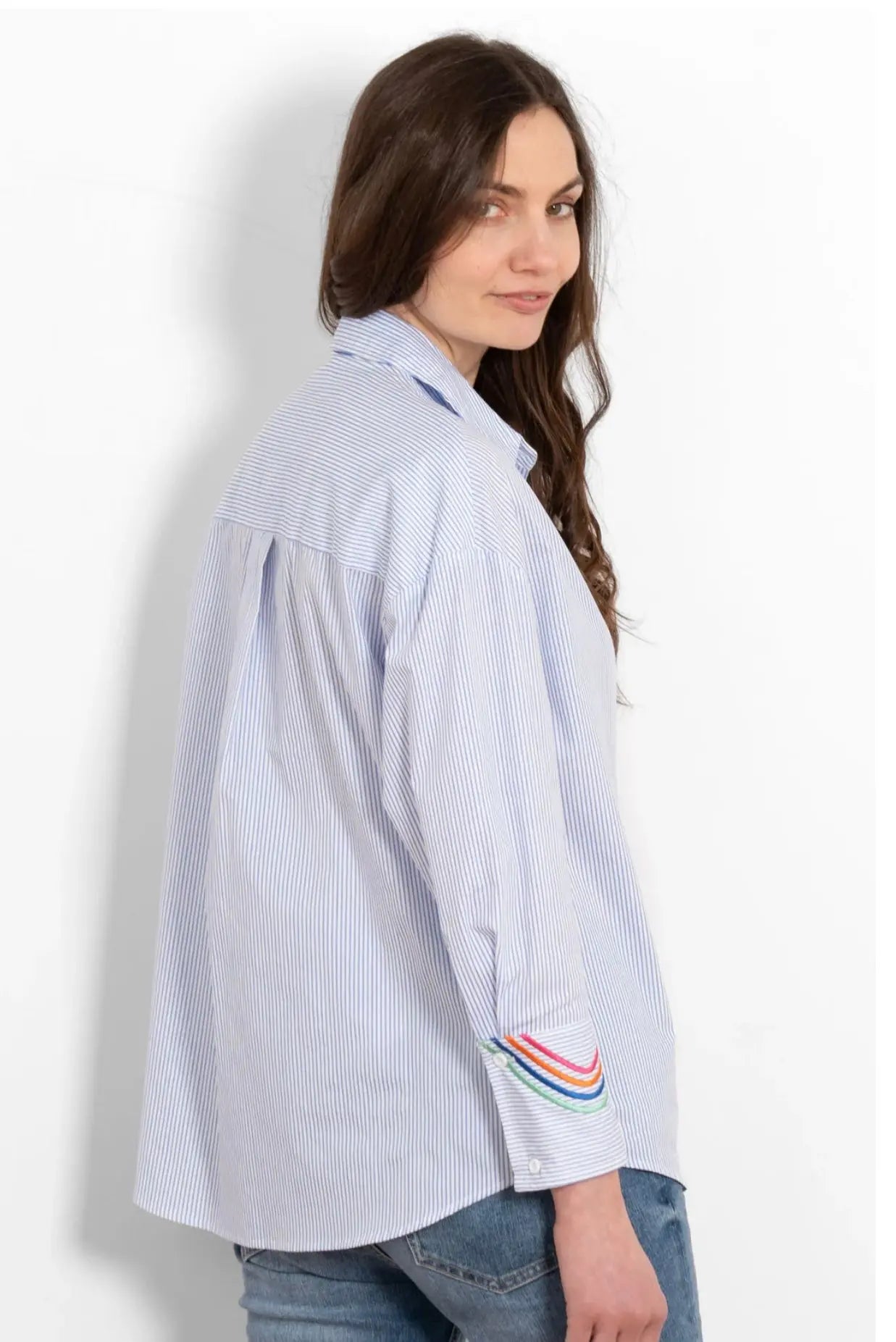 Long Sleeve Cotton Shirt - Blue/White, Star Embroidered The Style Closet