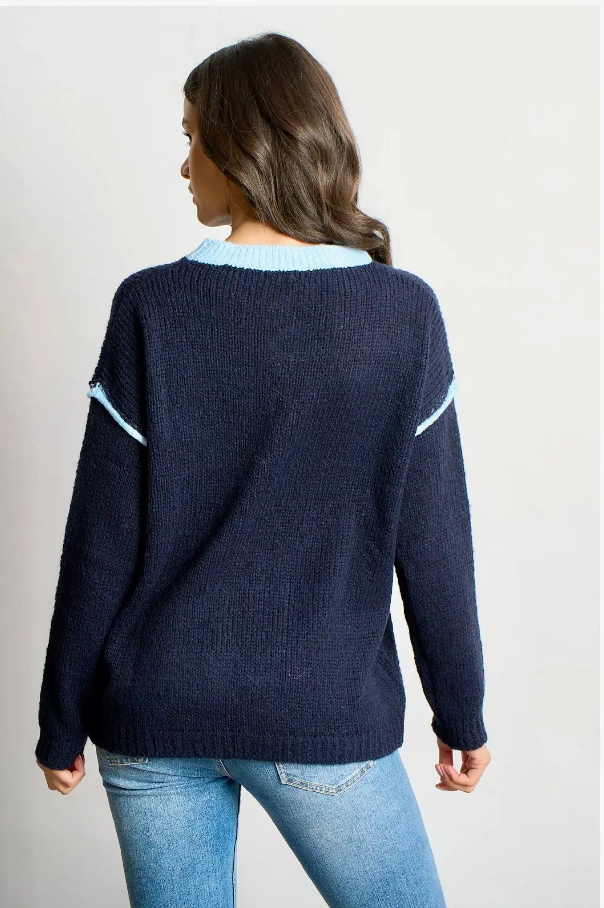 Contrast Stitch Italian Wool Blend Jumper - Denim Blue/Light Blue The Style Closet