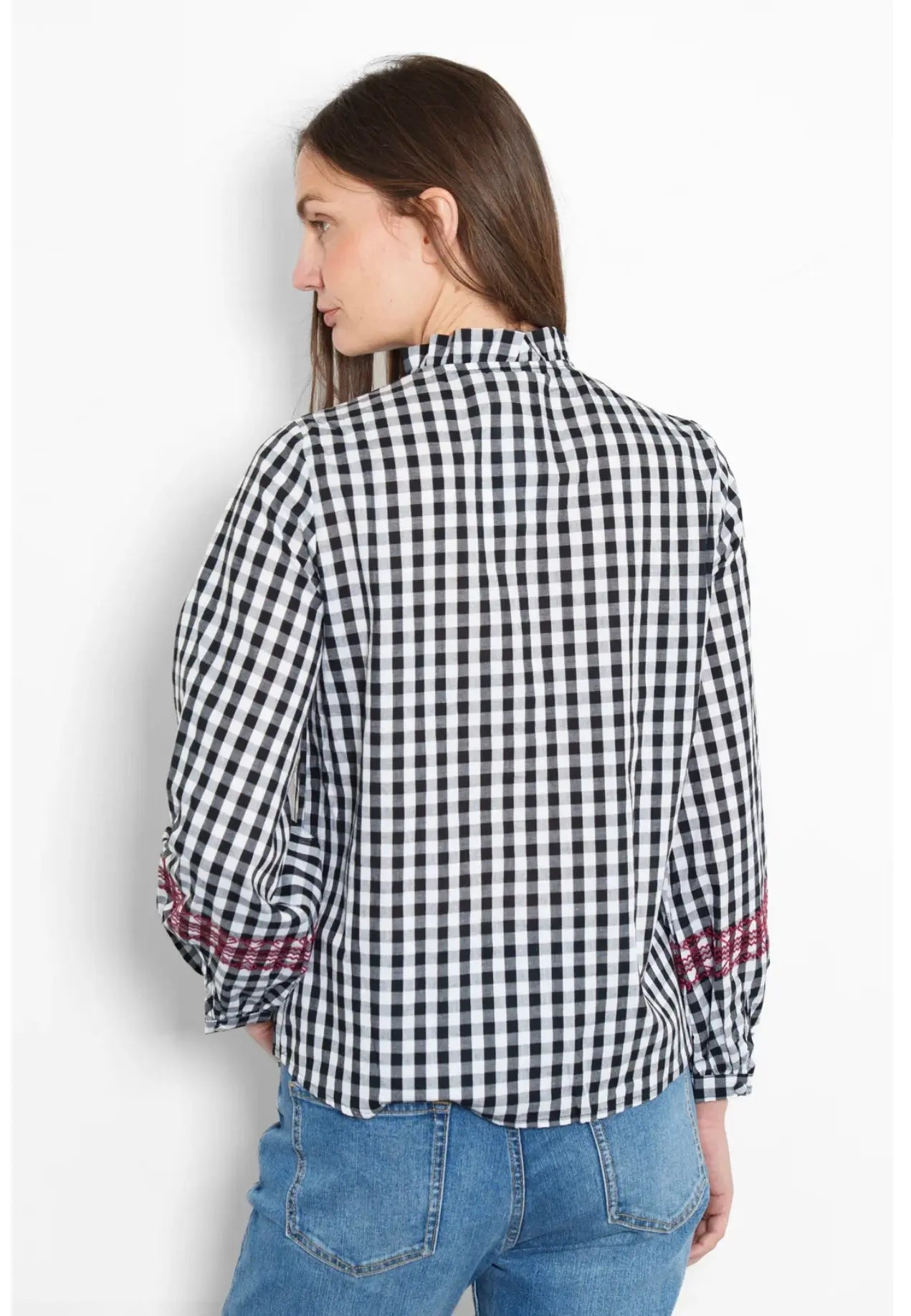 Embroidered Cotton Shirt - Black/White, Gingham The Style Closet