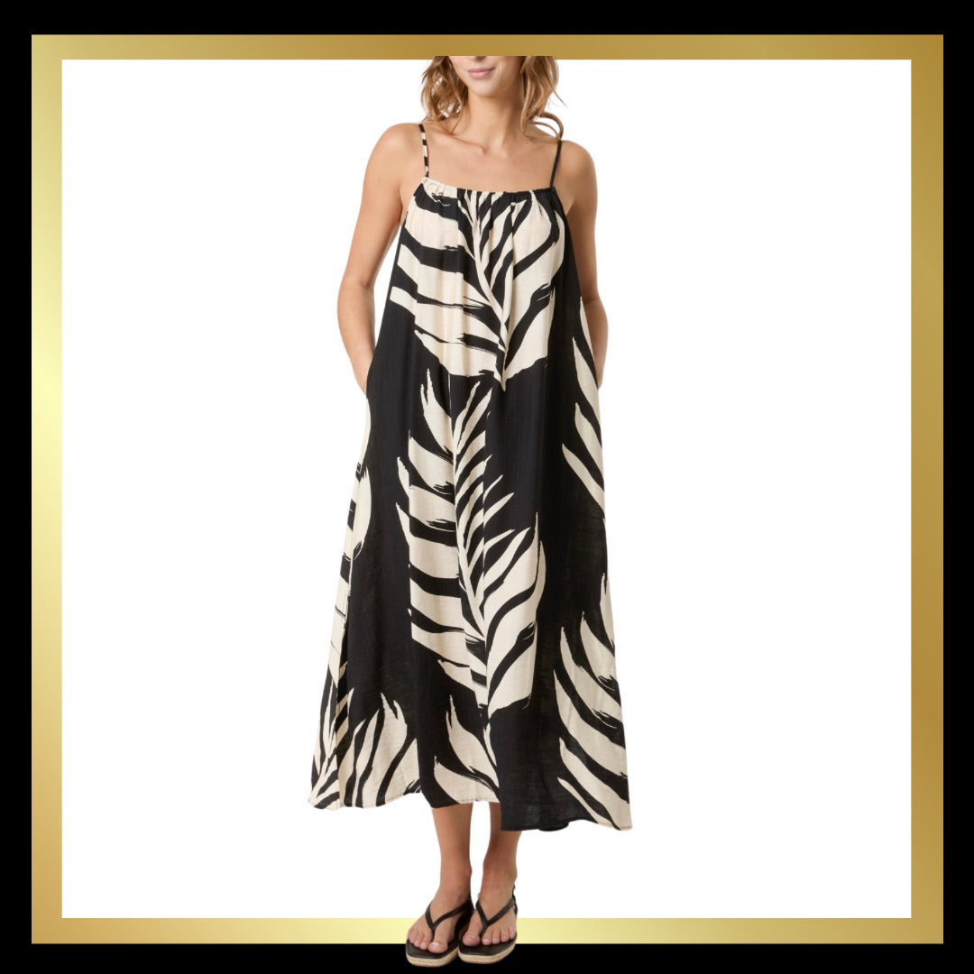 Palm Print Cami Maxi Dress Black
