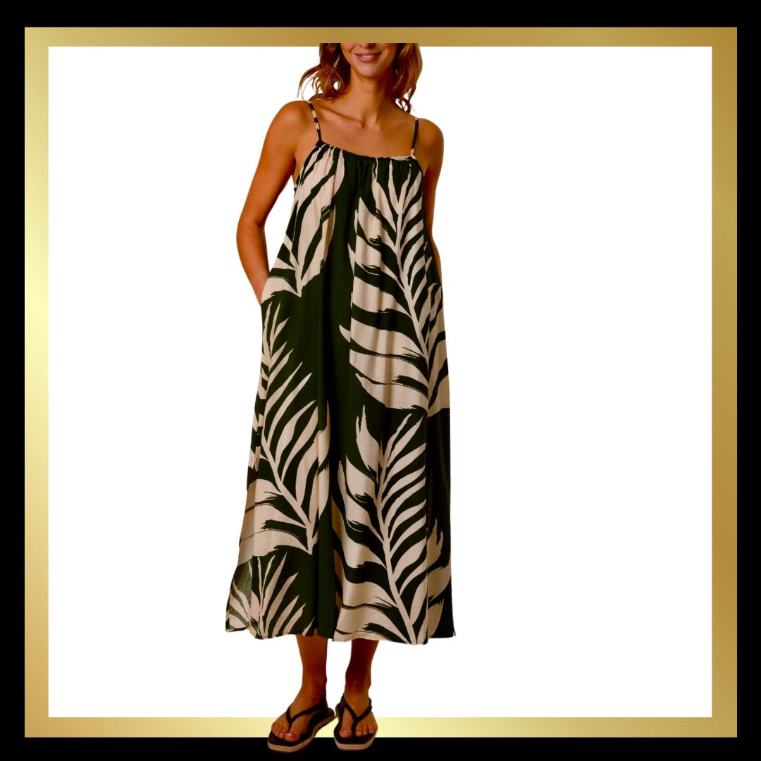 Palm Print Cami Maxi Dress Khaki