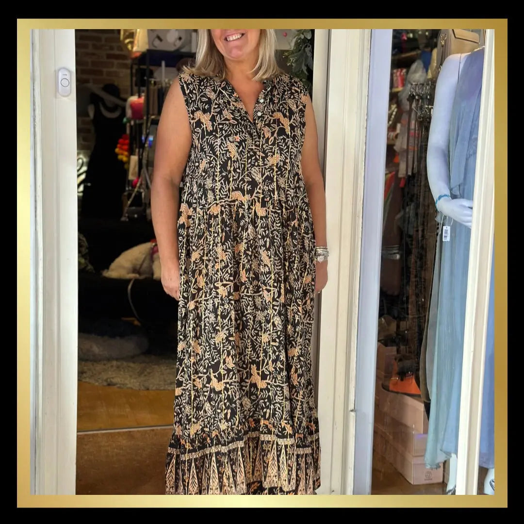 Mandarin Collar Black/Gold Maxi Dress - The Style Closet