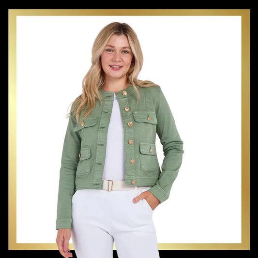 GOLD BUTTON FRONT POCKETS ROUND NECK DENIM STRETCH JACKET IN SAGE GREEN - The Style Closet