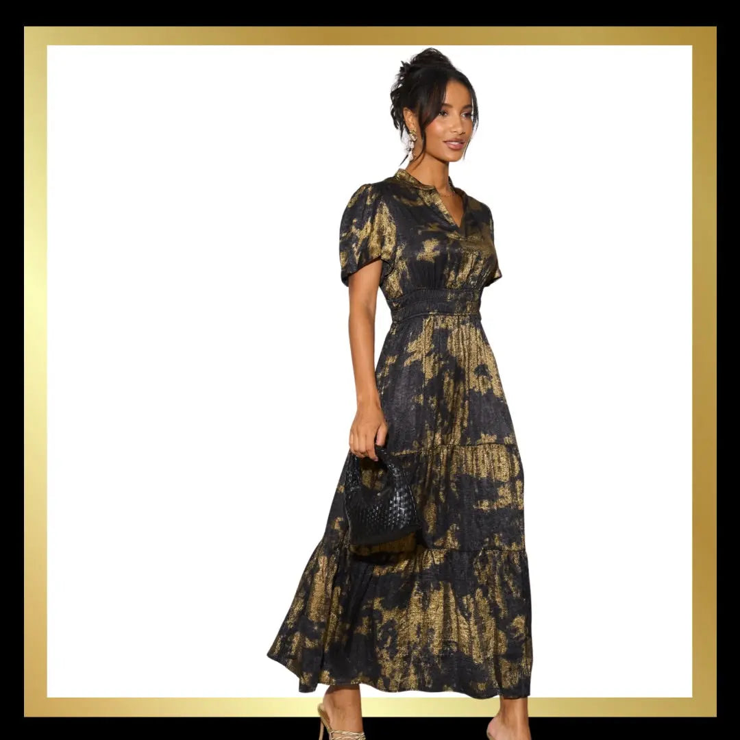 Tiered Maxi Dress Gold Metallic Oil Slick design The Style Closet