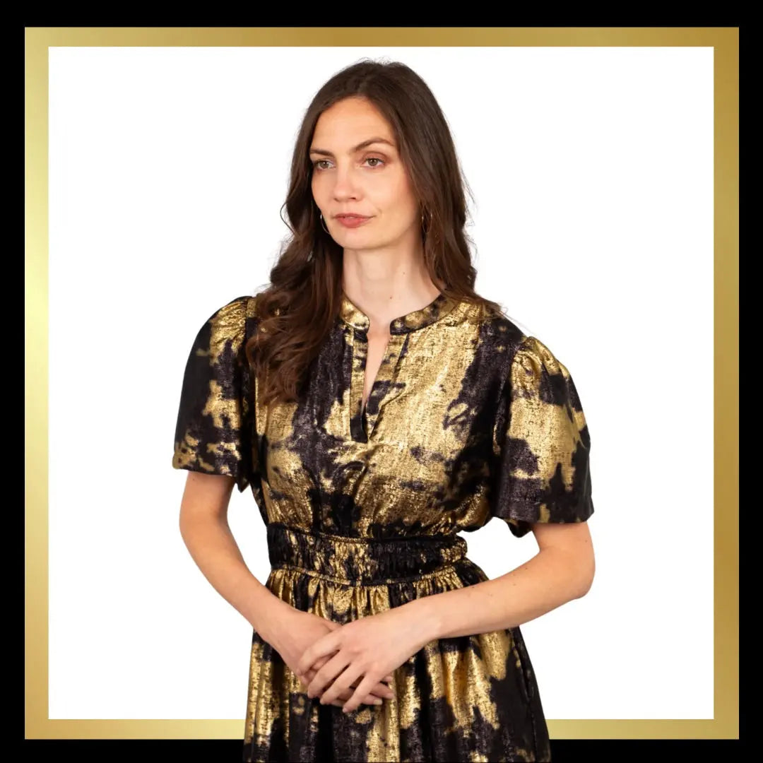 Tiered Maxi Dress Gold Metallic Oil Slick design The Style Closet