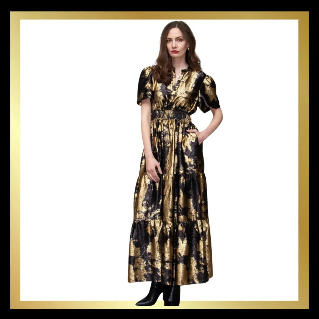 Tiered Maxi Dress Gold Metallic Oil Slick design The Style Closet