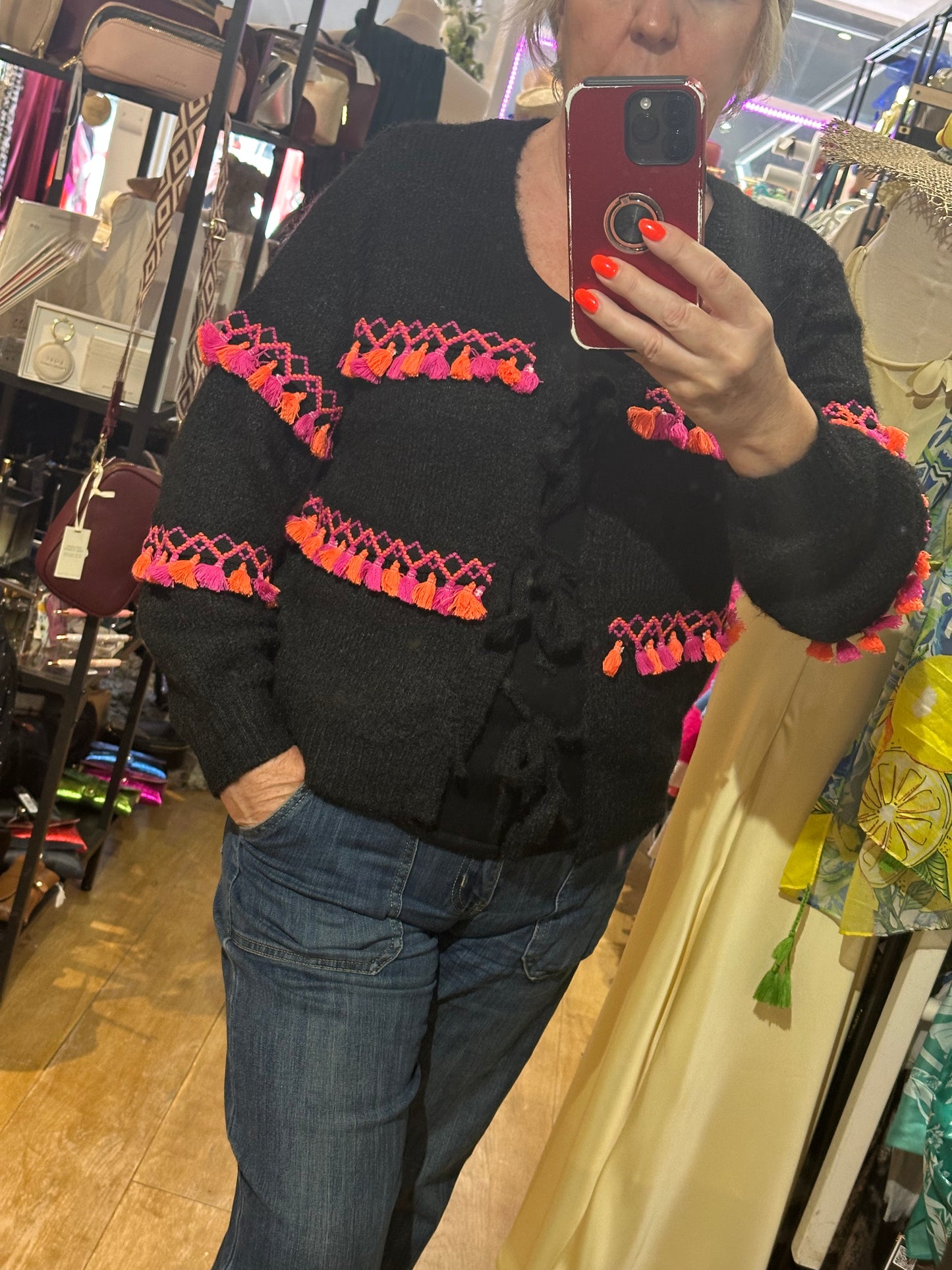 Pink/Orange Tassel Cardigan The Style Closet