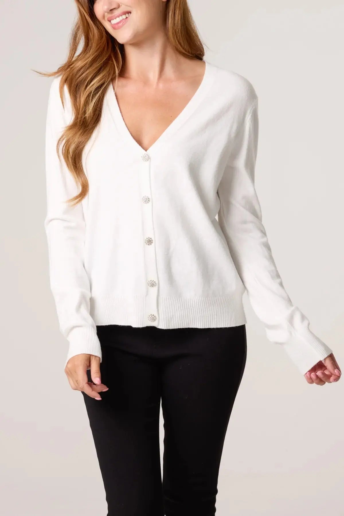 V-NECK JEWELLED BUTTON KNIT CARDIGAN The Style Closet