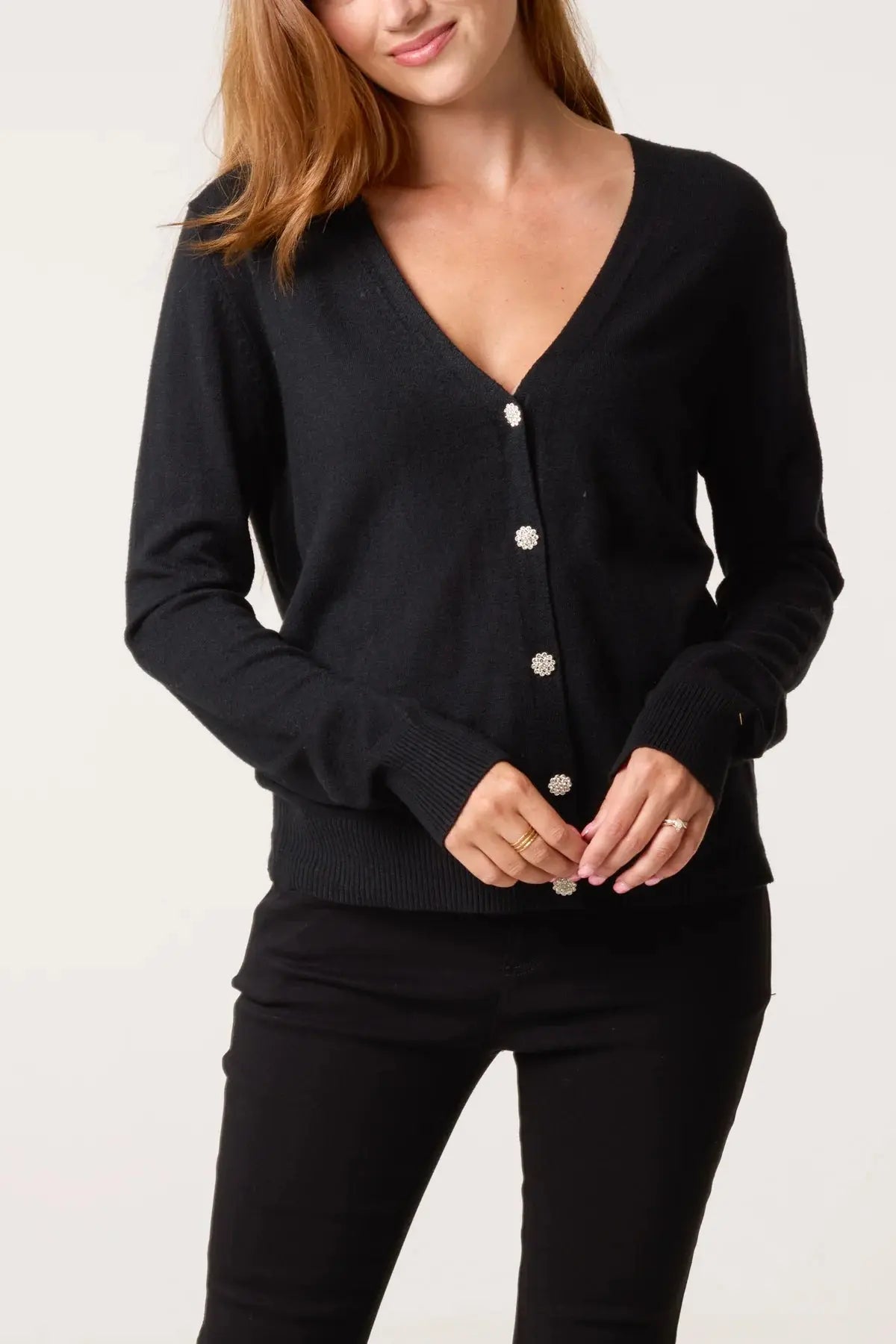 V-NECK JEWELLED BUTTON KNIT CARDIGAN The Style Closet