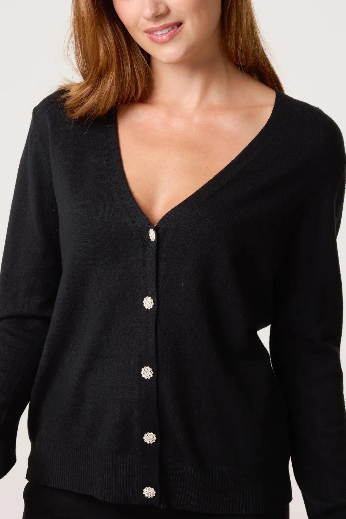 V-NECK JEWELLED BUTTON KNIT CARDIGAN The Style Closet