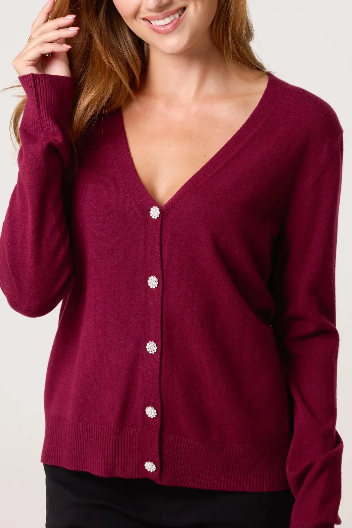 V-NECK JEWELLED BUTTON KNIT CARDIGAN The Style Closet