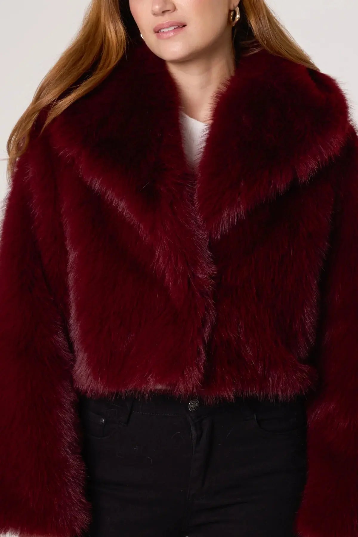 BURGUNDY FAUX FUR CROPPED JACKET The Style Closet