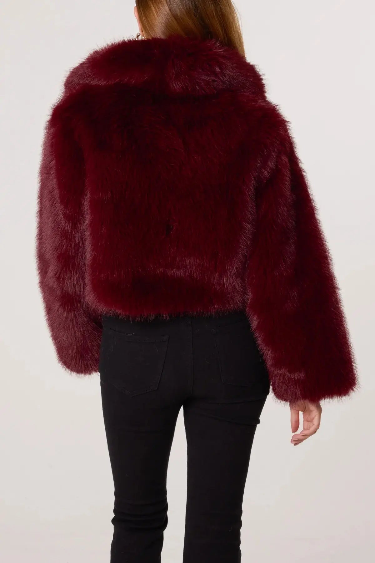 BURGUNDY FAUX FUR CROPPED JACKET The Style Closet