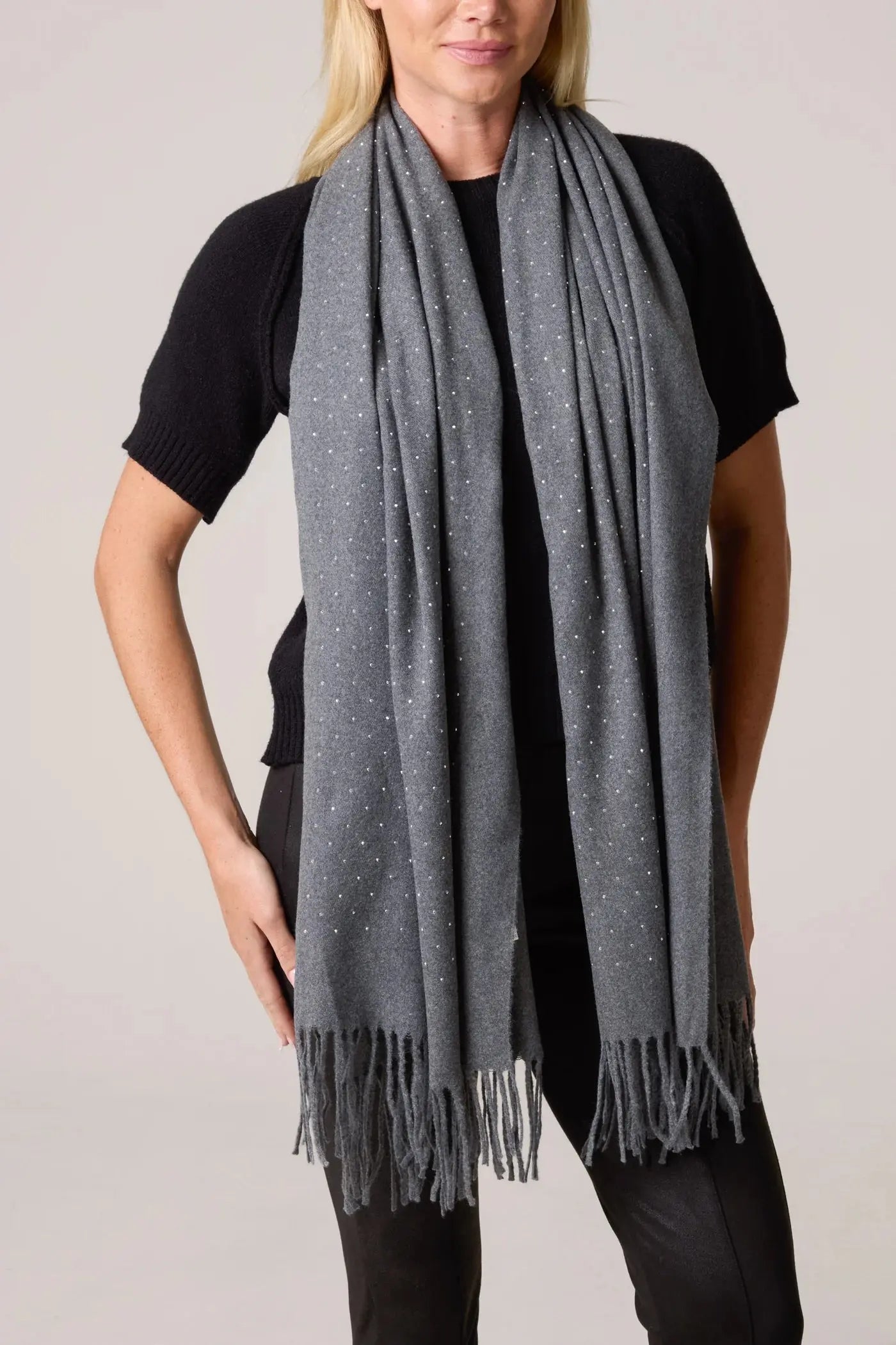 DIAMANTE EMBELLISHED TASSEL SCARF The Style Closet