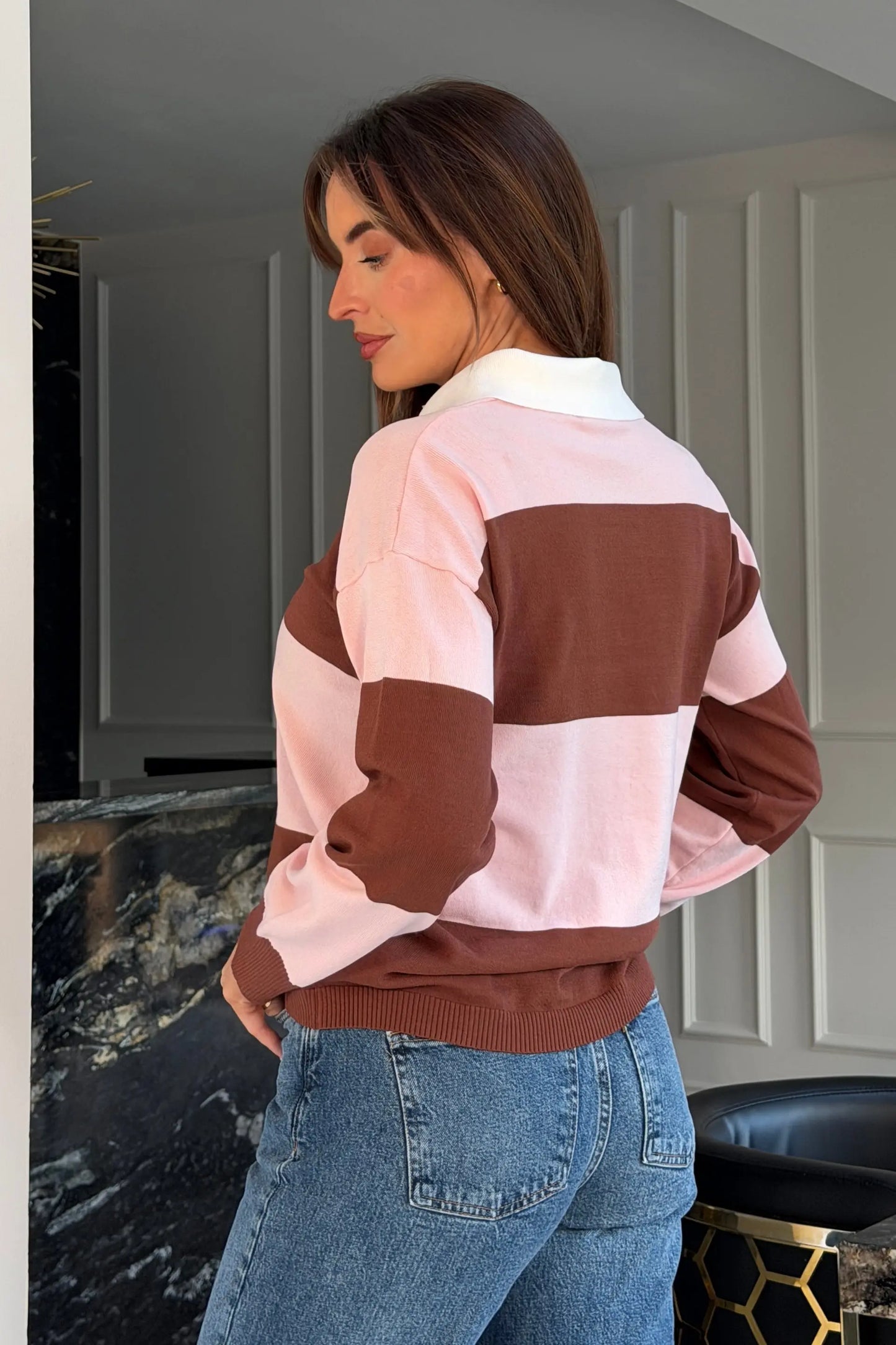 Lauren Stripe Knit Collar Top Pink The Style Closet