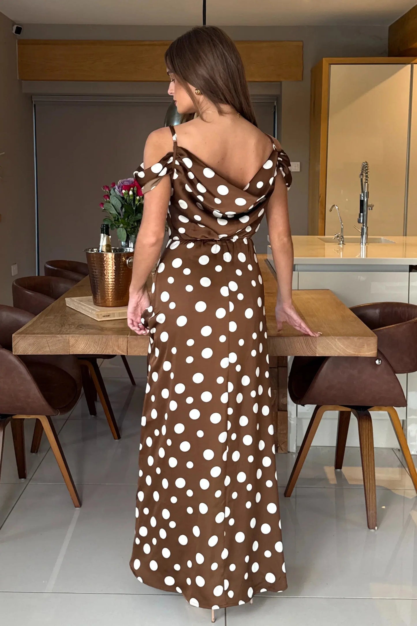 Julie Cowl Neck Maxi Dress Brown Spot The Style Closet