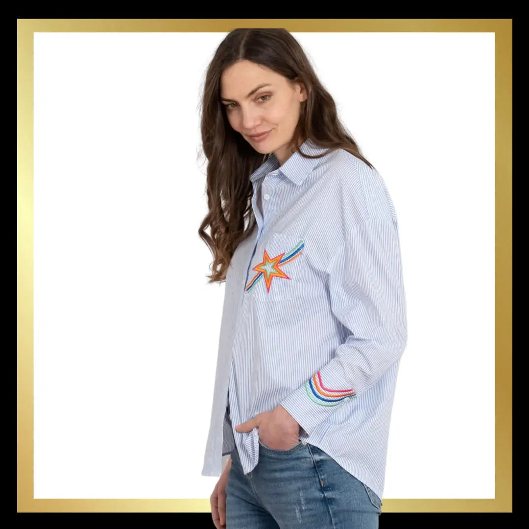 Long Sleeve Cotton Shirt - Blue/White, Star Embroidered The Style Closet