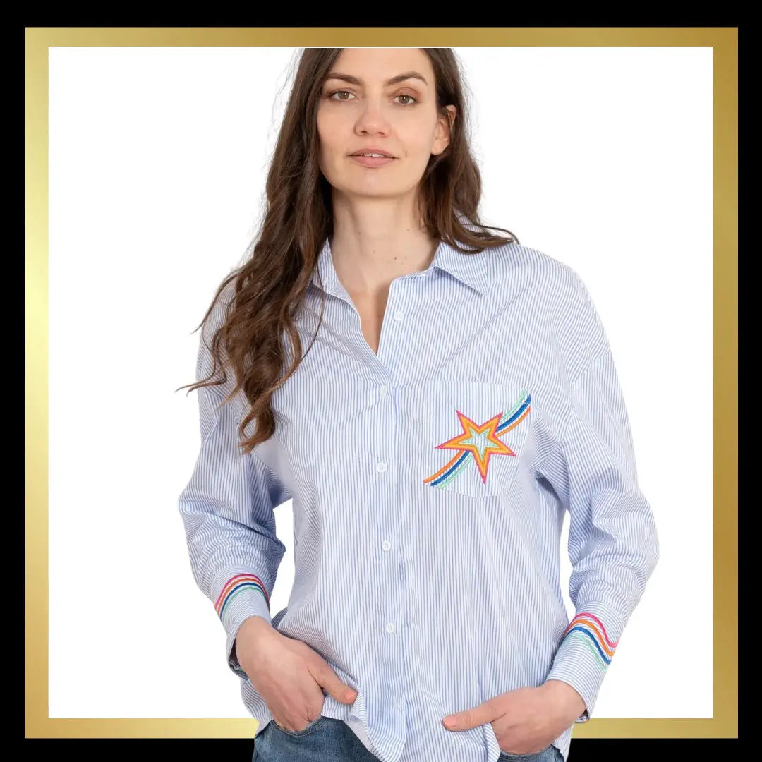 Long Sleeve Cotton Shirt - Blue/White, Star Embroidered The Style Closet