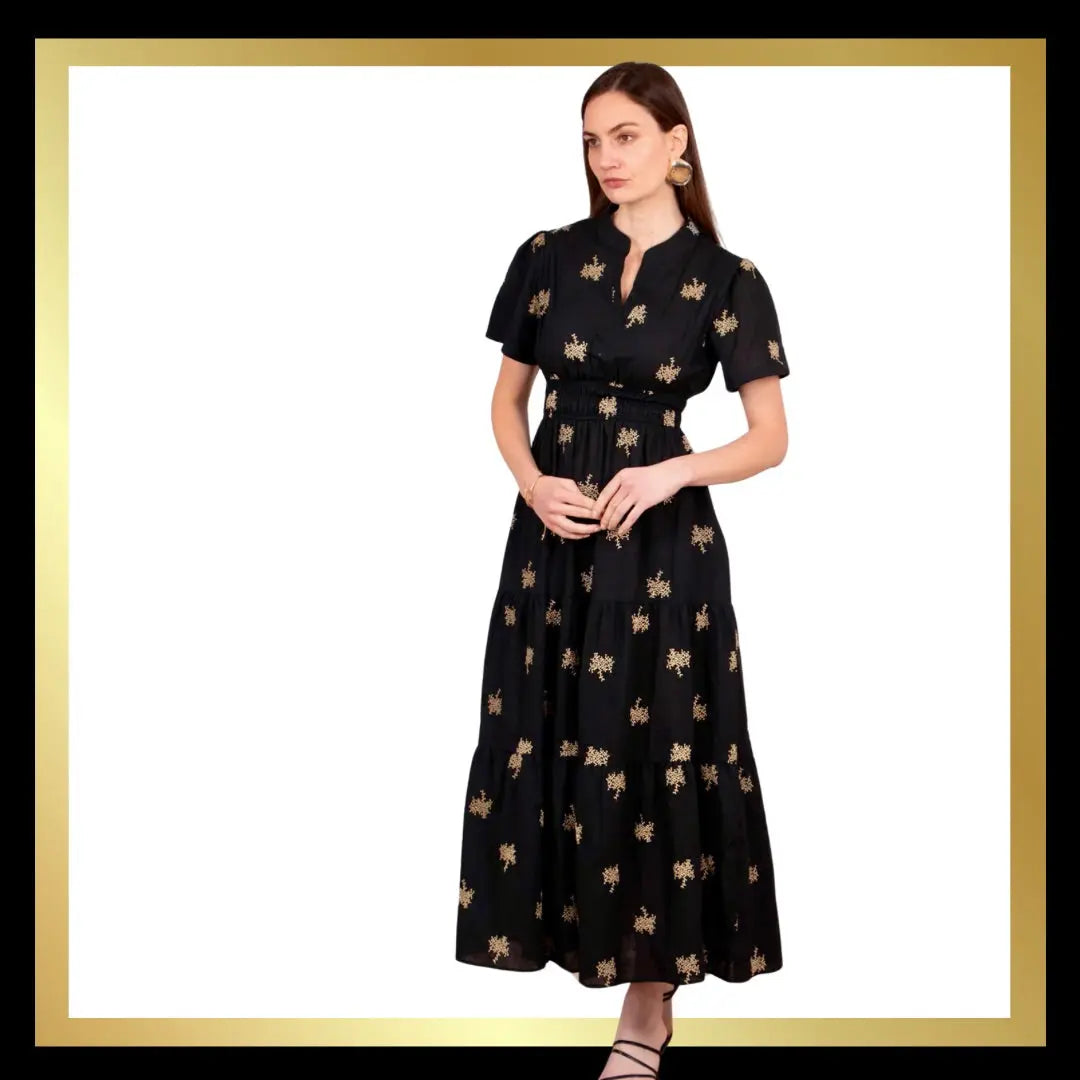 Tiered Cotton Maxi Dress - Red/Orange or Black/Gold The Style Closet