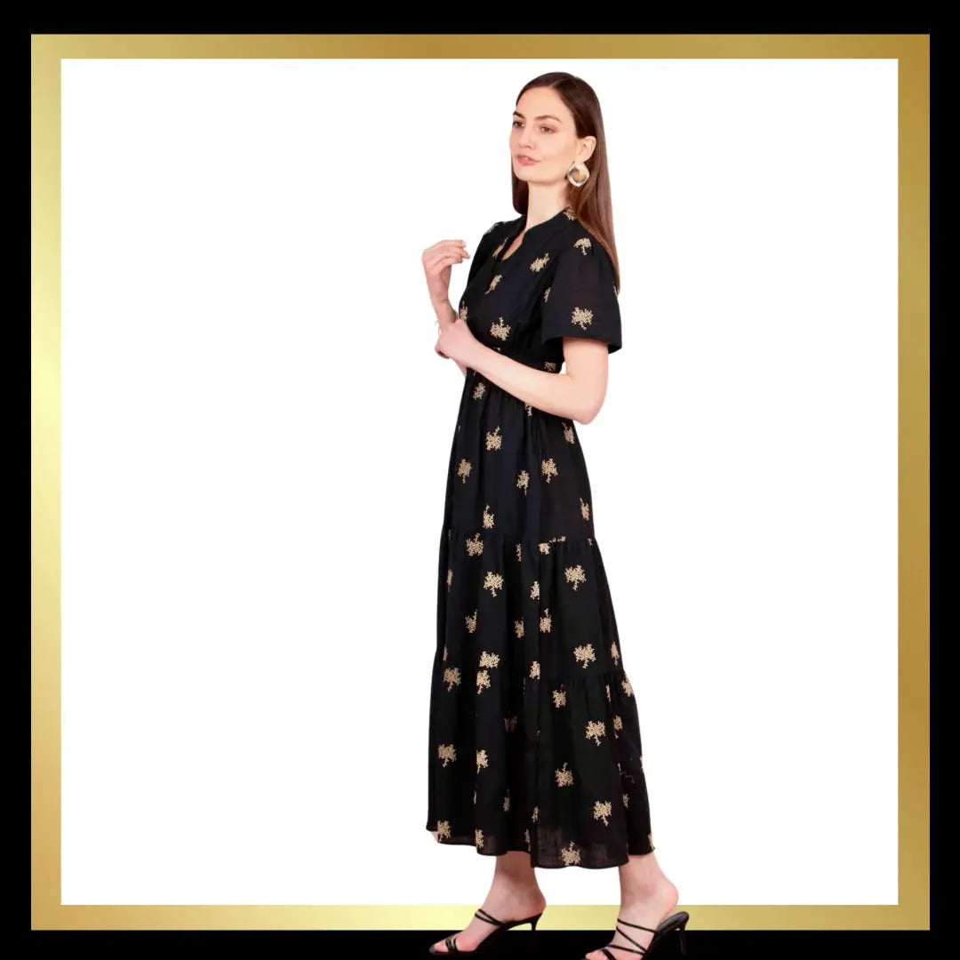 Tiered Cotton Maxi Dress - Red/Orange or Black/Gold The Style Closet