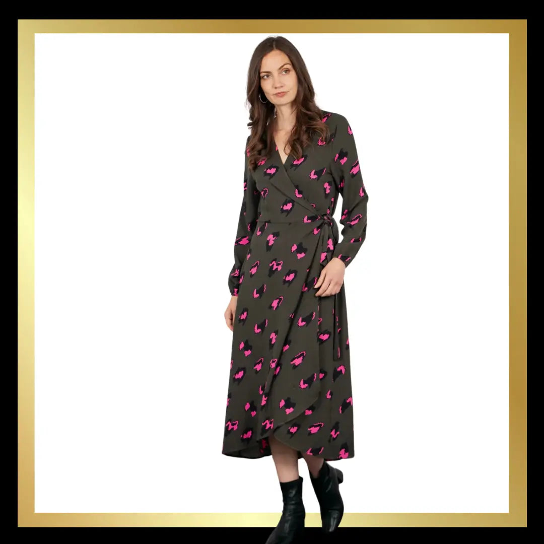 Khaki/Pink Leopard Print Wrap Dress The Style Closet