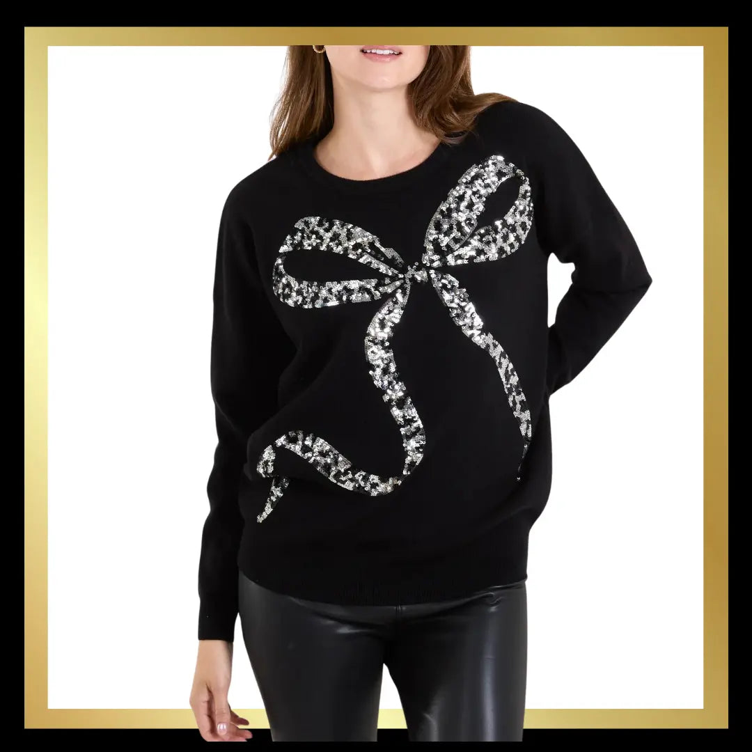 Leopard Print Sequin Bow Jumper The Style Closet