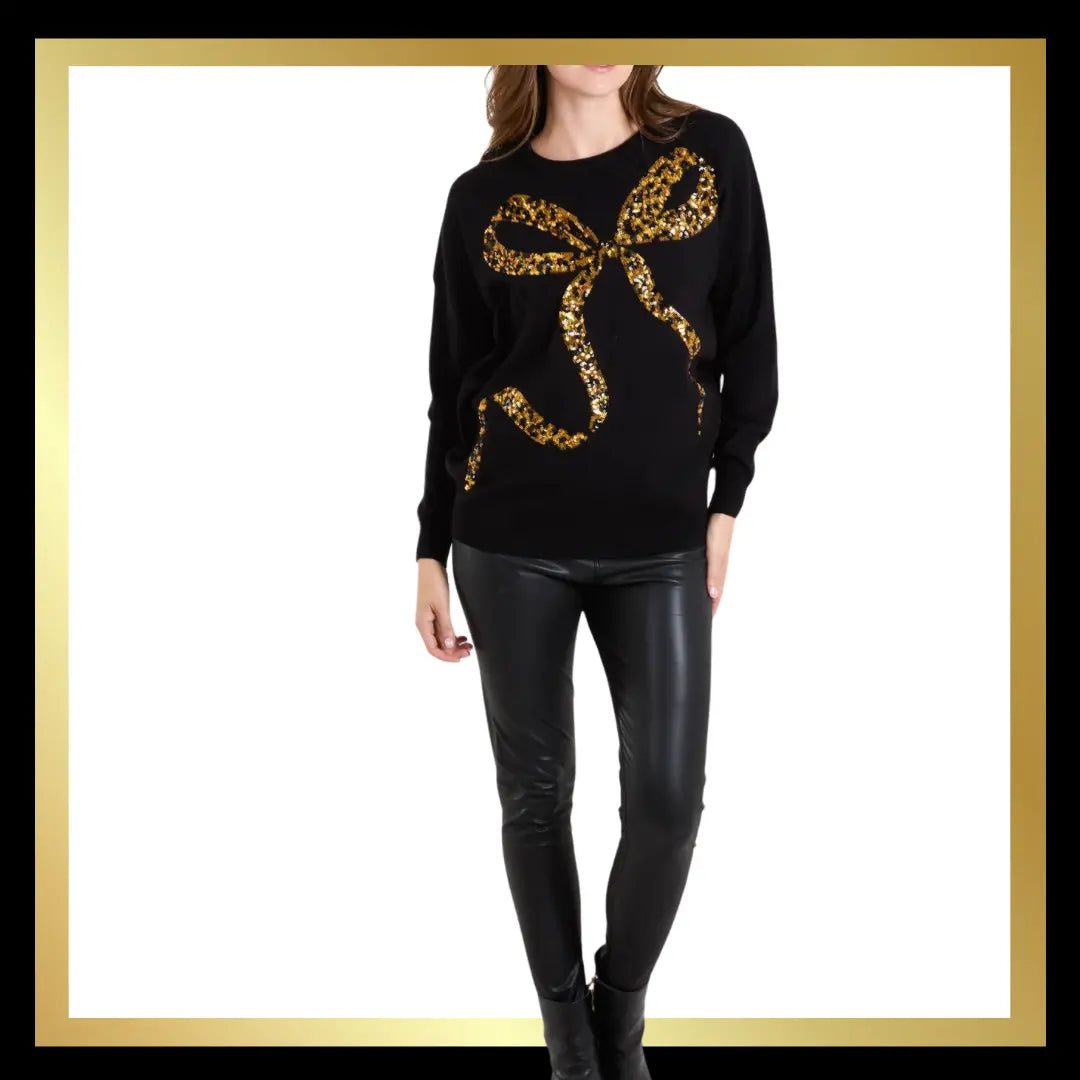 Leopard Print Sequin Bow Jumper The Style Closet