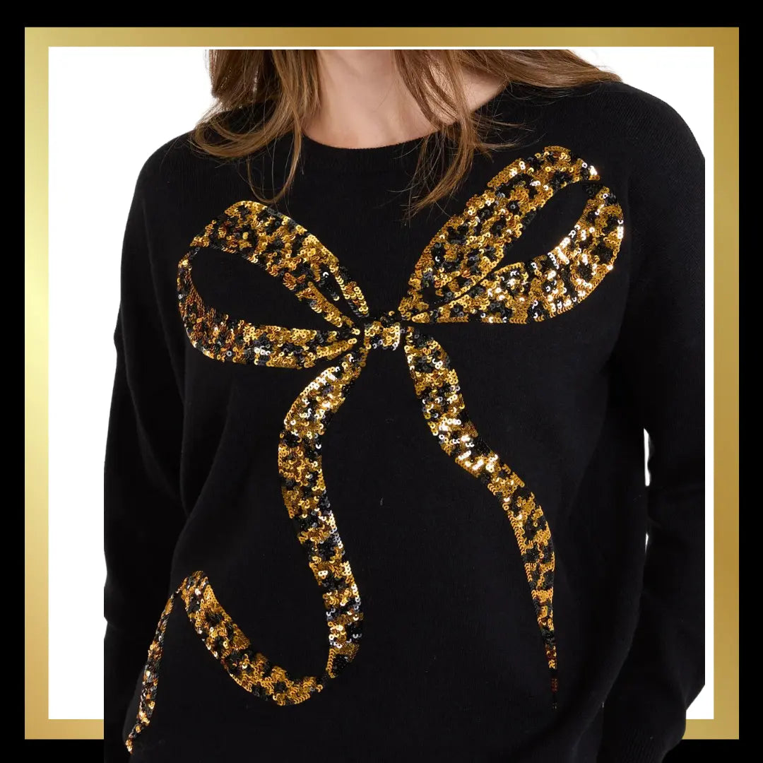 Leopard Print Sequin Bow Jumper The Style Closet